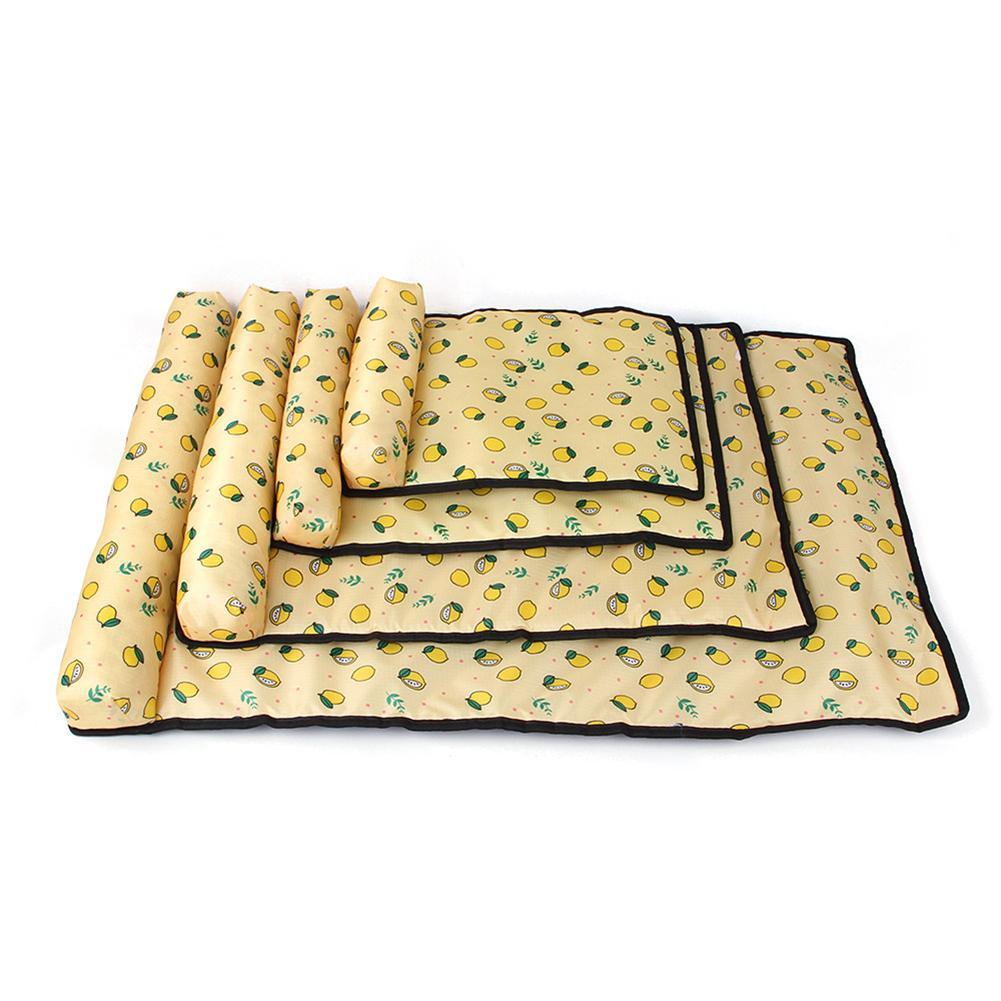 Pet Supplies Pet Pillow Mat Dog Multicolor Ice Pad four rectangular pet pillow mat with a multicolor design featuring various cartoonish animals, placed on a flat surface on white background