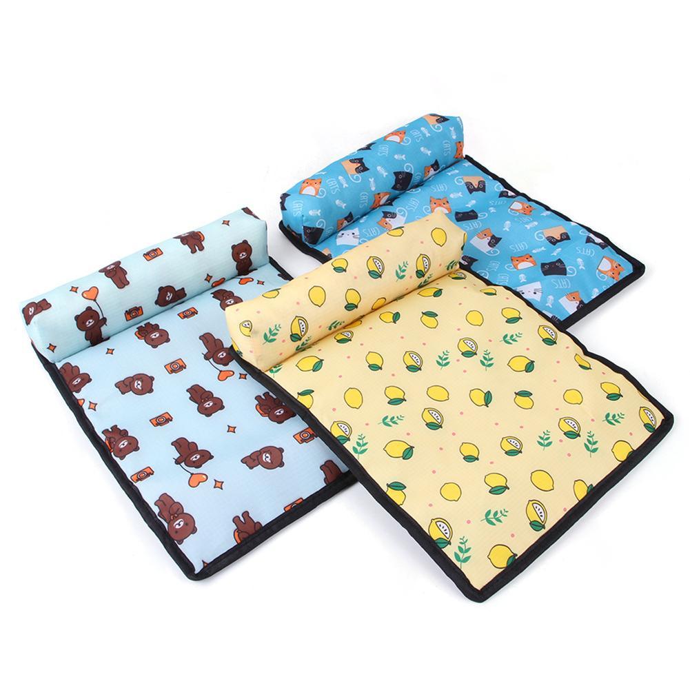 Pet Supplies Pet Pillow Mat Dog Multicolor Ice Pad three rectangular pet pillow mat with a multicolor design featuring various cartoonish animals, placed on a flat surface.