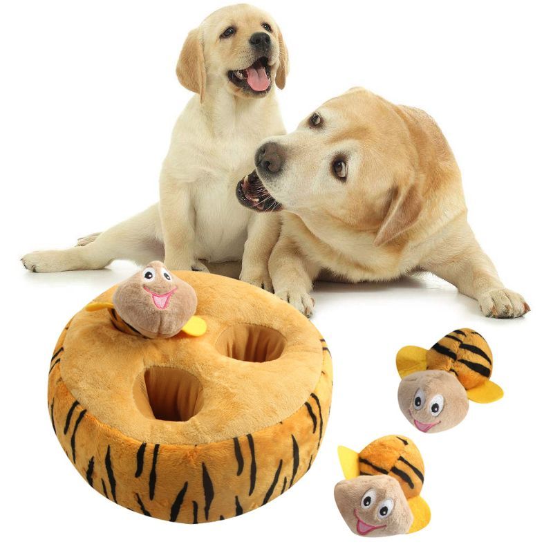 Pet Supplies Pet Voice Flush Toy A dog interacting with a stuffed toy designed to resemble a bird, part of a pet voice flush toy series on white background