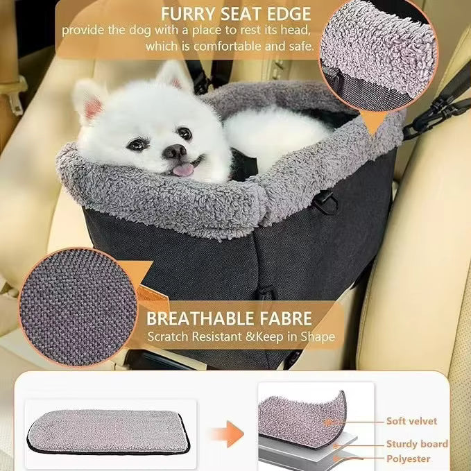 Pet Supplies Pet car seat with fluffy edge and breathable fabric, featuring a white dog inside.