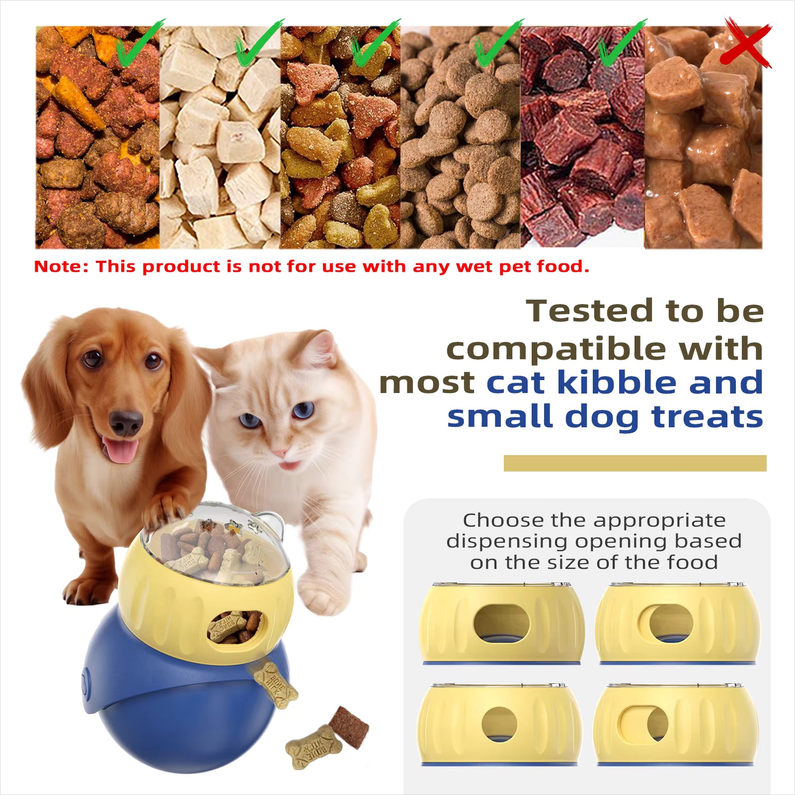 Pet Supplies Pet food compatibility chart with images of various pet foods, a dog, and a cat, and a blue and yellow pet toy dispenser.