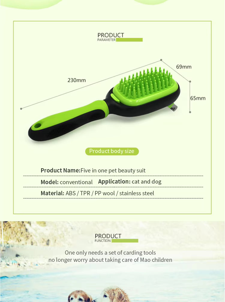 Pet grooming brush with dimensions and product details on a light green background