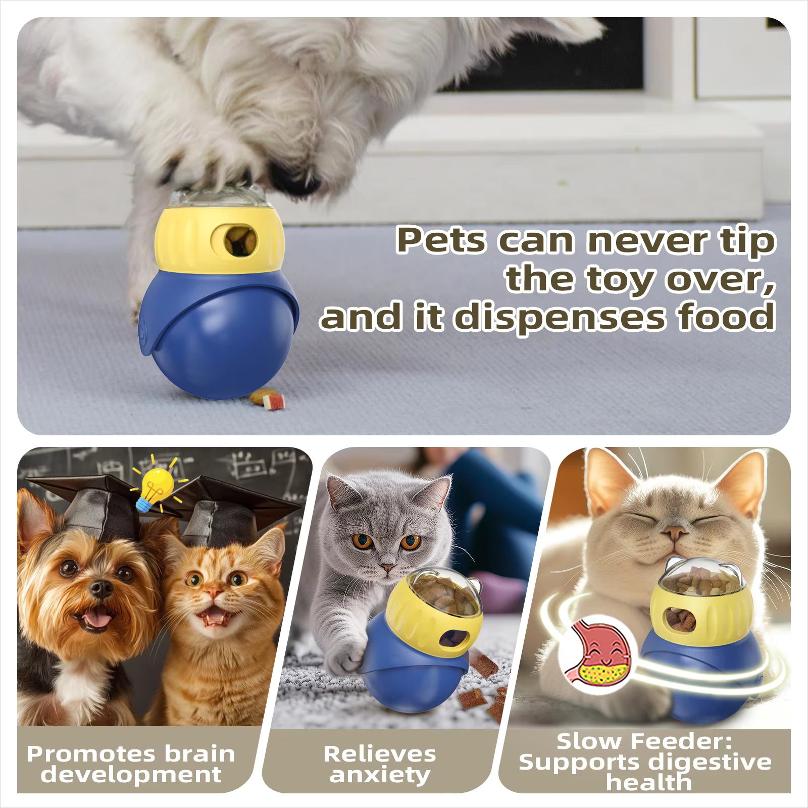 Pet Supplies Pet toy dispenser with text highlighting its features and benefits for pets.