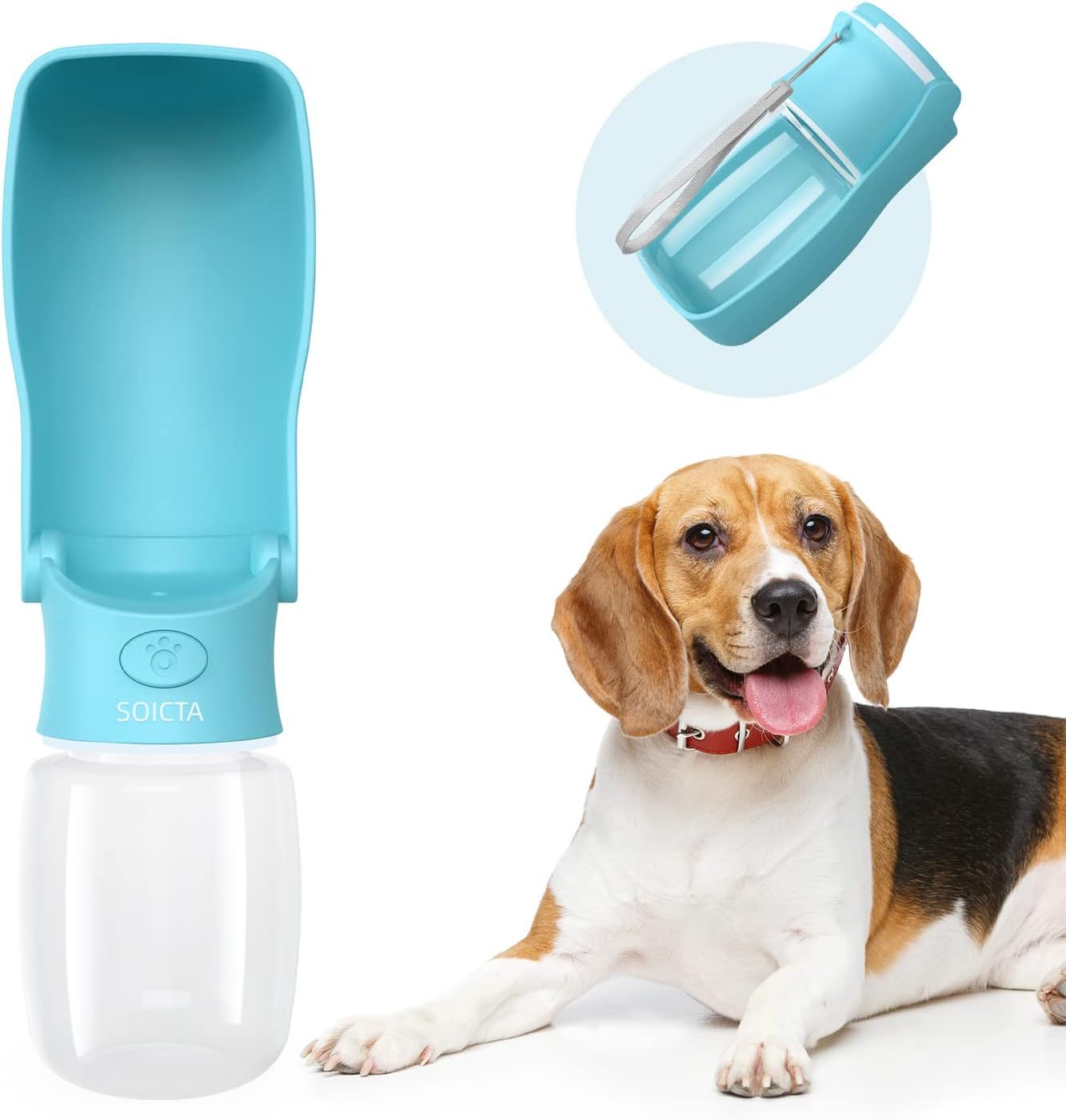 Pet Supplies Portable Dog Water Bottle of blue portable dog water bottle with a happy dog and a close-up of the bottle's mouth for pouring water