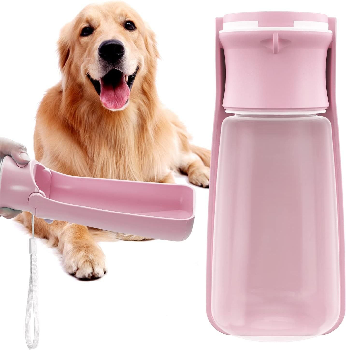 Pet Supplies Portable Dog Water Bottle of pink portable dog water bottle with a happy dog and a close-up of the bottle's mouth for pouring water