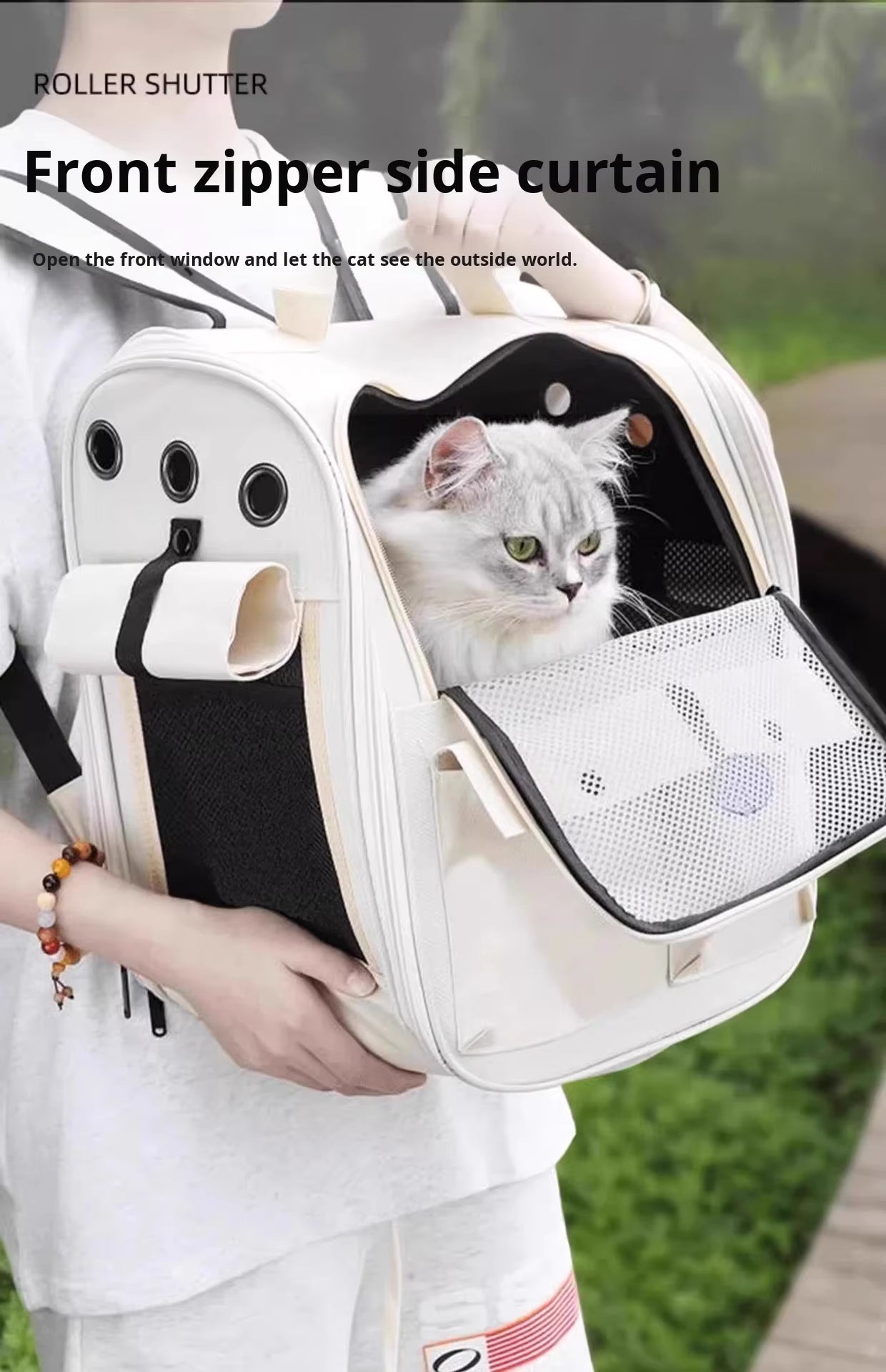 Pet Supplies Portable Transparent Pet Carrier Backpack Person holding a pet carrier with a cat inside, set against a natural background.