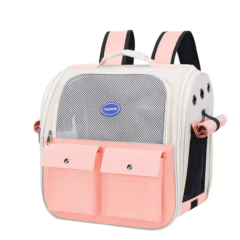 Pet Supplies Portable Transparent Pet Carrier Backpack Pink and white pet carrier backpack with mesh side on a white background