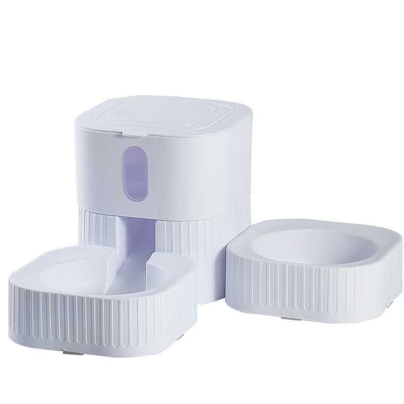 Pet Supplies Removable Pet Feeder Bowl A white removable pet feeder bowl with a lid, shown in three different views, with one view showing the bowl filled with food.