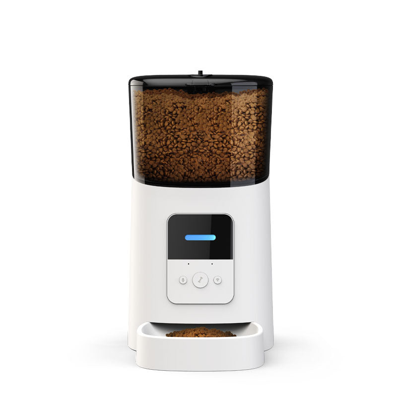 Pet Supplies Smart Automatic Pet Feeder A white pet automatic feeder with a clear container filled with brown pet food, and a digital control panel on the front.