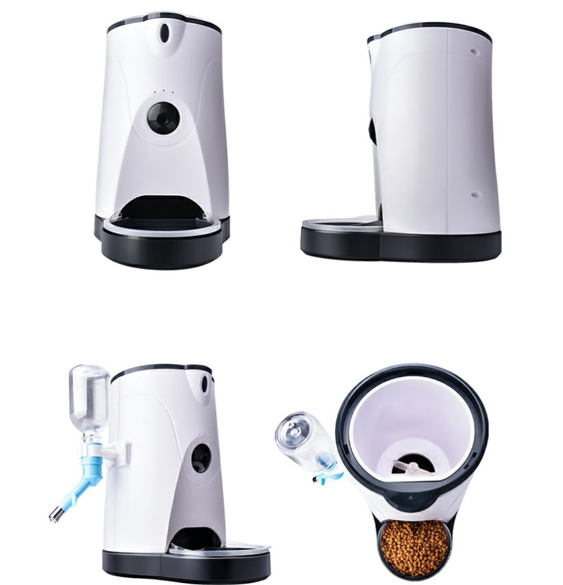 Pet Supplies Smart Automatic Pet Feeder An automatic pet feeder with a white and black design, showing from four different view