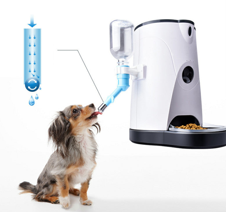 Pet Supplies Smart Automatic Pet Feeder An automatic pet feeder with a white and black design, shown in use by a dog.
