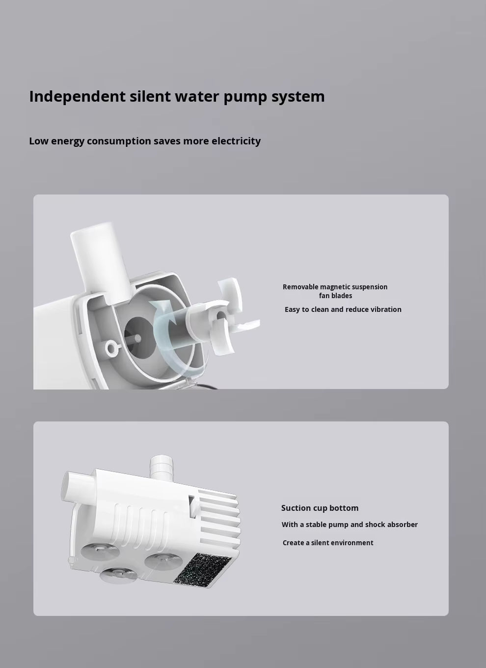 Pet Supplies Smart Wireless Automatic Dog Water Dispenser Independent silent water pump system with text on energy consumption and features.