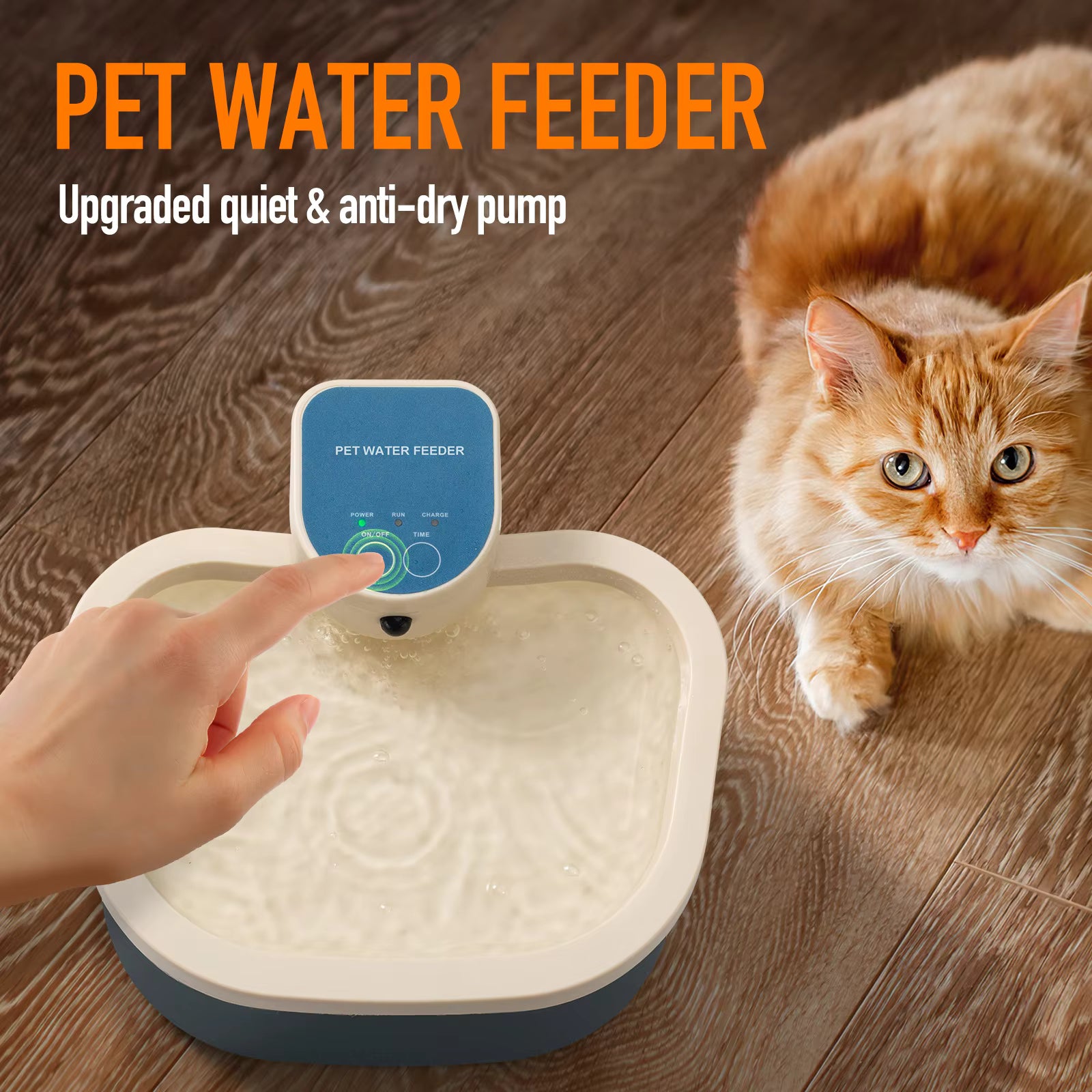 Pet Supplies Smart Wireless Automatic Dog Water Dispenser Pet water feeder with a cat and hand pointing at it on a wooden floor