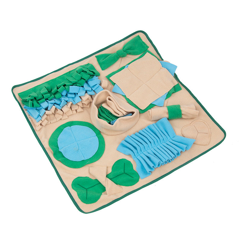 Pet Supplies Snuffle Mat for Dogs A beige snuffle mat for dogs with various textures and smells attached, designed to engage a dog's natural foraging instincts with white background