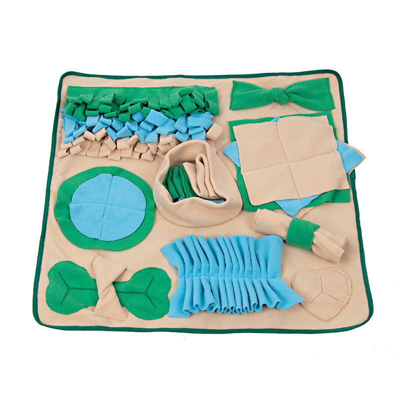 Pet Supplies Snuffle Mat for Dogs A beige snuffle mat for dogs with various textures and smells attached, designed to engage a dog's natural foraging instincts with white background view
