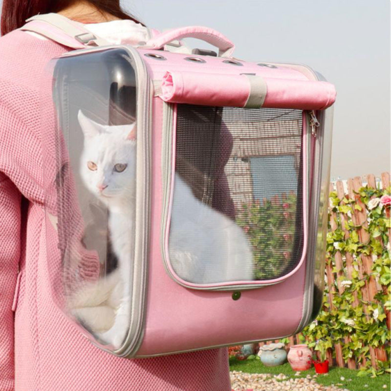 Pet Supplies Space Capsule Cat Bag with a woman using it to back the dog, color pink