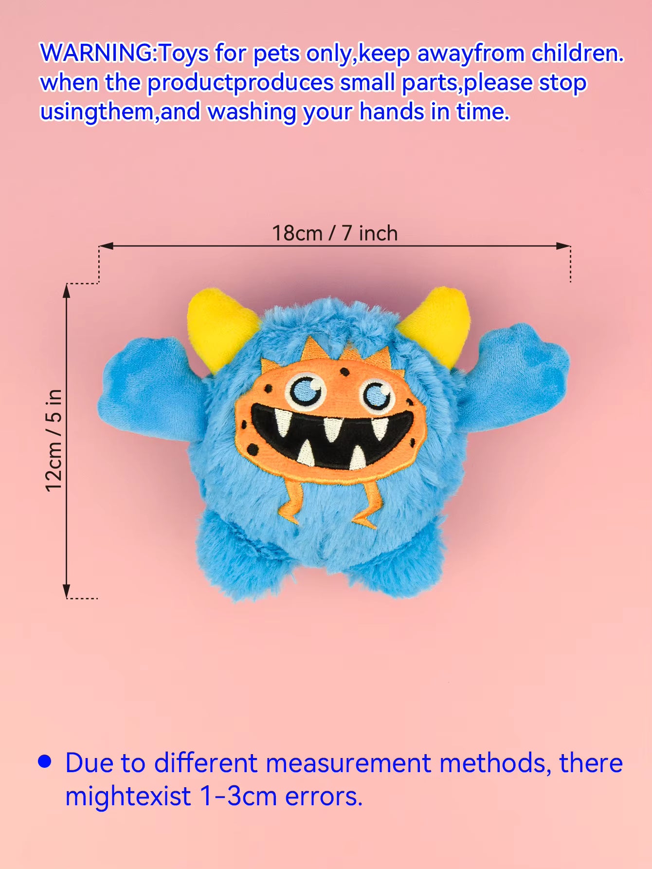 Pet Supplies Toy Blue plush toy with measurements on a pink background