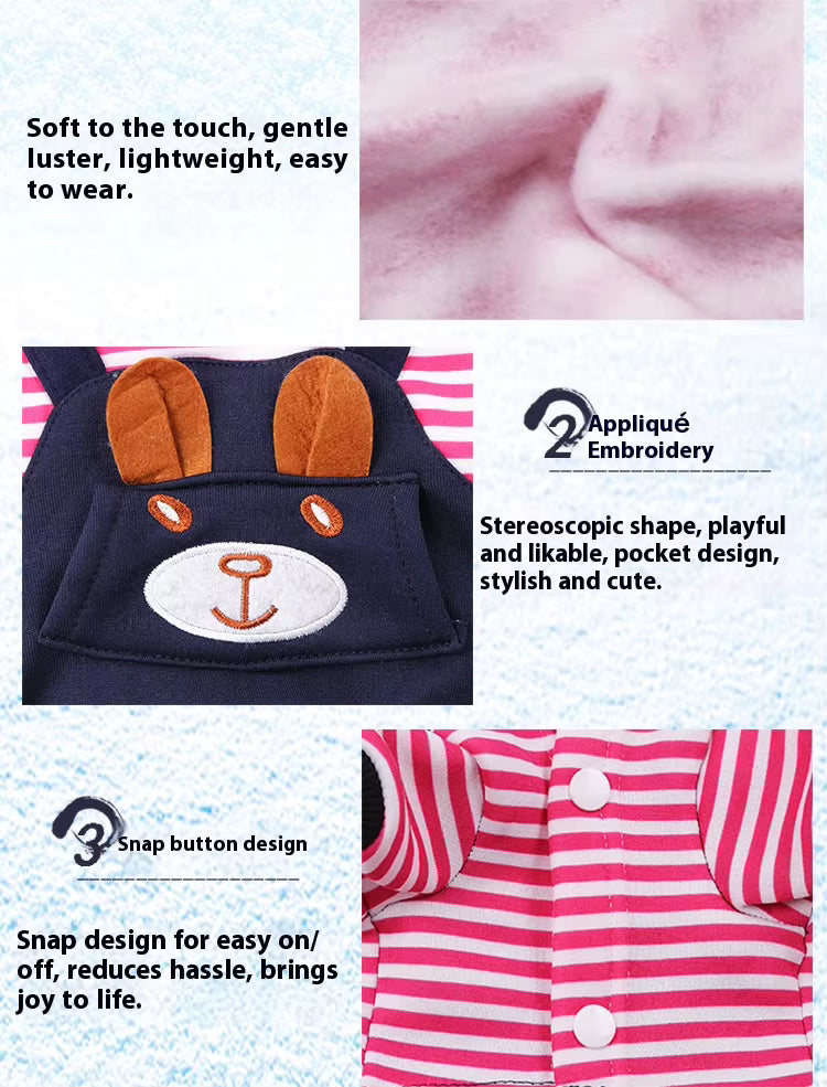 Pet Supplies Warm Fleece Hooded Pet Hoodie Baby outfit with bear design, striped pattern, and snap button details on a light blue background.