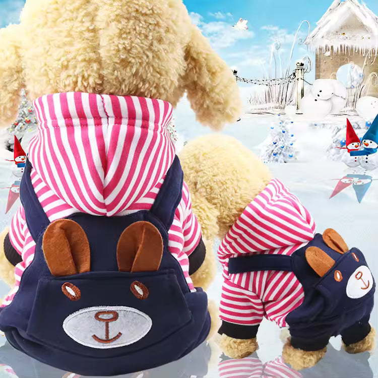 Pet Supplies Warm Fleece Hooded Pet Hoodie Dog outfit with striped hood and bear ears on a snowy background