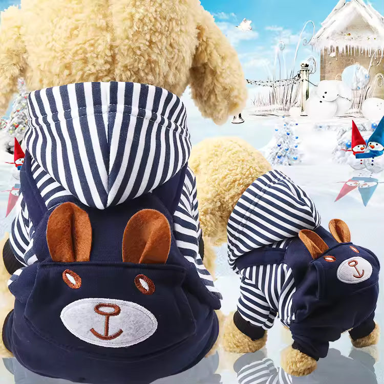Pet Supplies Warm Fleece Hooded Pet Hoodie Navy and white striped dog outfit with brown accents on a snowy background