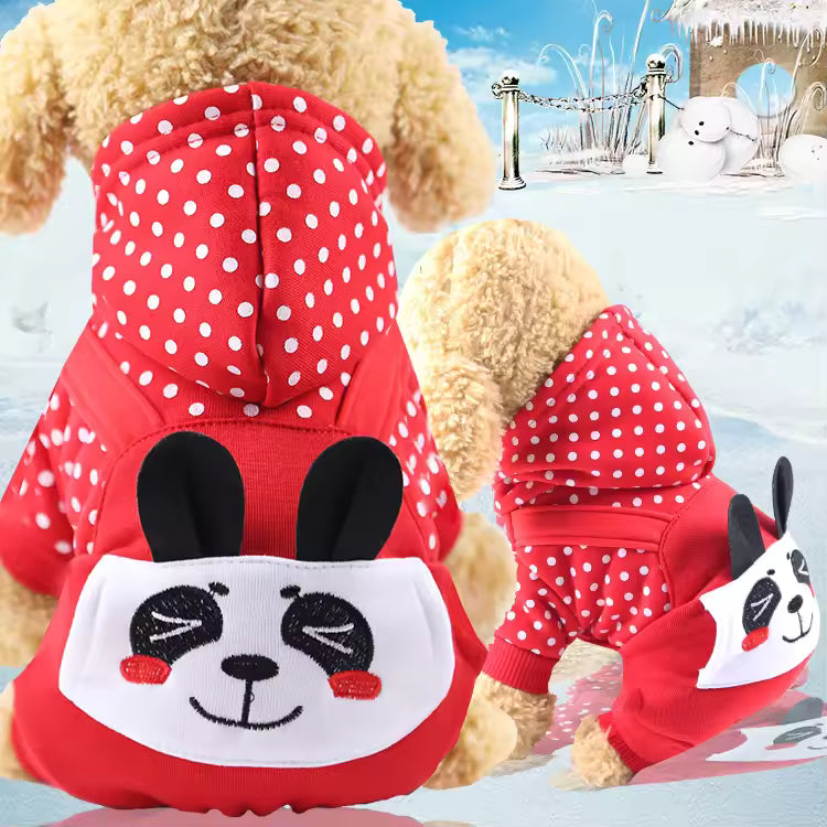 Pet Supplies Warm Fleece Hooded Pet Hoodie Red polka dot dog outfit with cartoon face design on a snowy background