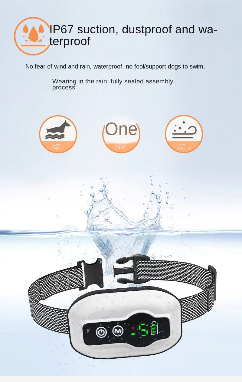 Pet Supplies Waterproof Anti-Bark Dog Training Collar Dog collar with digital display on a water splash background, emphasizing IP67 rating.