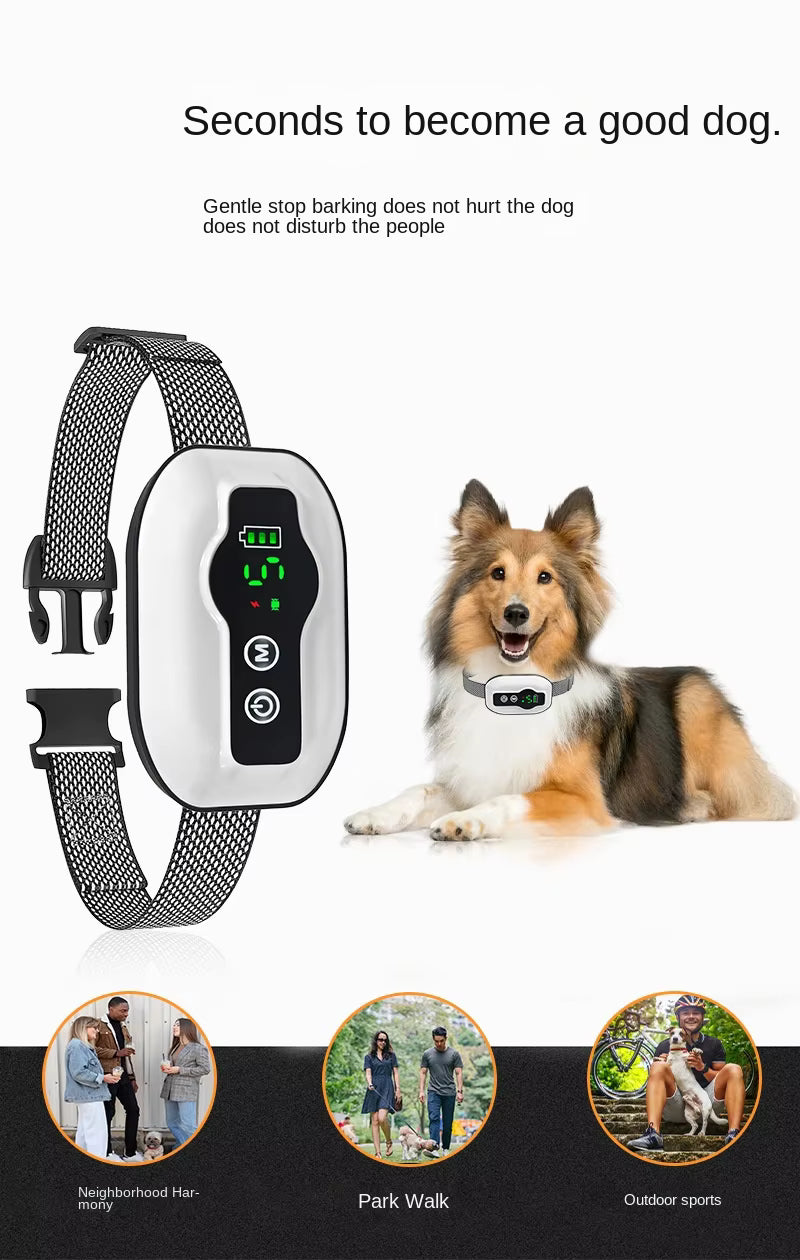Pet Supplies Waterproof Anti-Bark Dog Training Collar Dog collar with electronic device and a dog lying down, with text about its features.