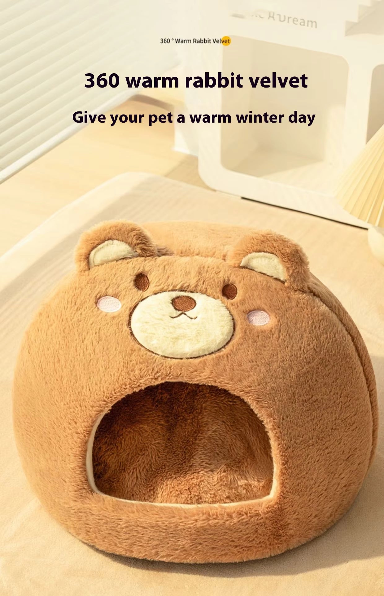 Pet Supplies Winter Warm Velvet Pet Bed House Brown plush pet bed shaped like a rabbit with text on a light background