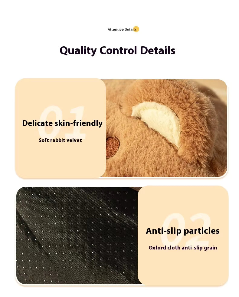 Pet Supplies Winter Warm Velvet Pet Bed House Quality control details of a plush toy with text on skin-friendly material and anti-slip particles.
