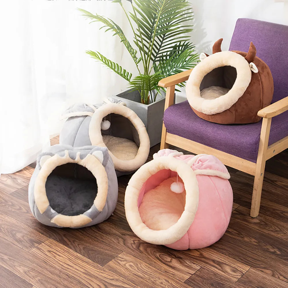 Cozy Enclosed Pet Bed House - Cave-Style Dog and Cat Bed with Cute Animal Designs, 3 Sizes