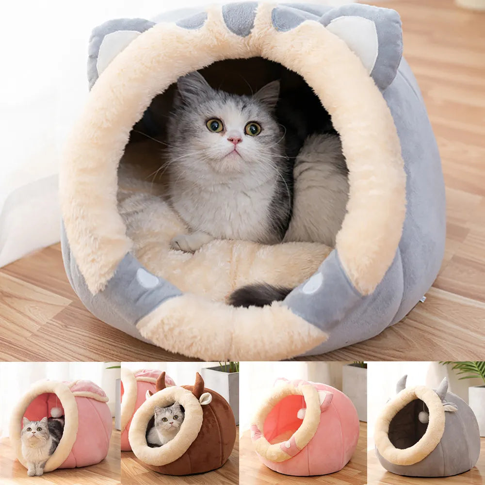 Cozy Enclosed Pet Bed House - Cave-Style Dog and Cat Bed with Cute Animal Designs, 3 Sizes