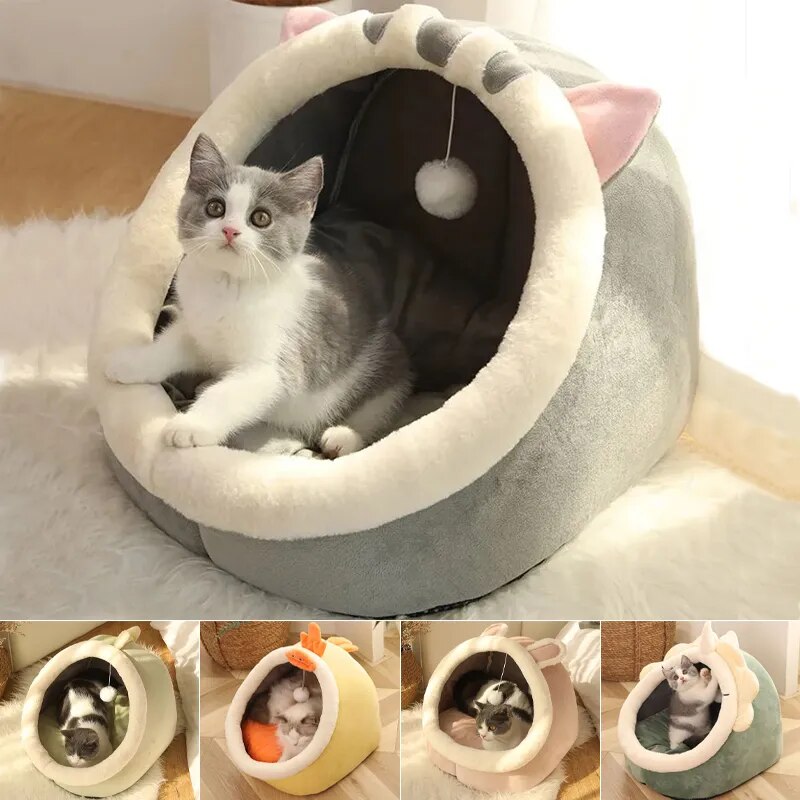 Cozy Enclosed Pet Bed House - Cave-Style Dog and Cat Bed with Cute Animal Designs, 3 Sizes