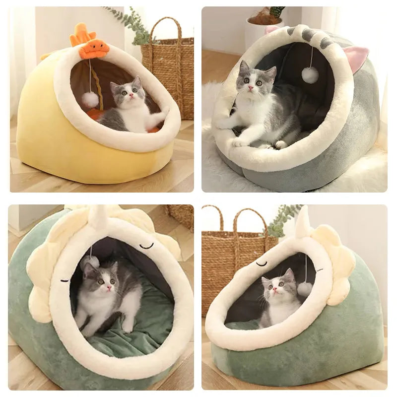 Cozy Enclosed Pet Bed House - Cave-Style Dog and Cat Bed with Cute Animal Designs, 3 Sizes