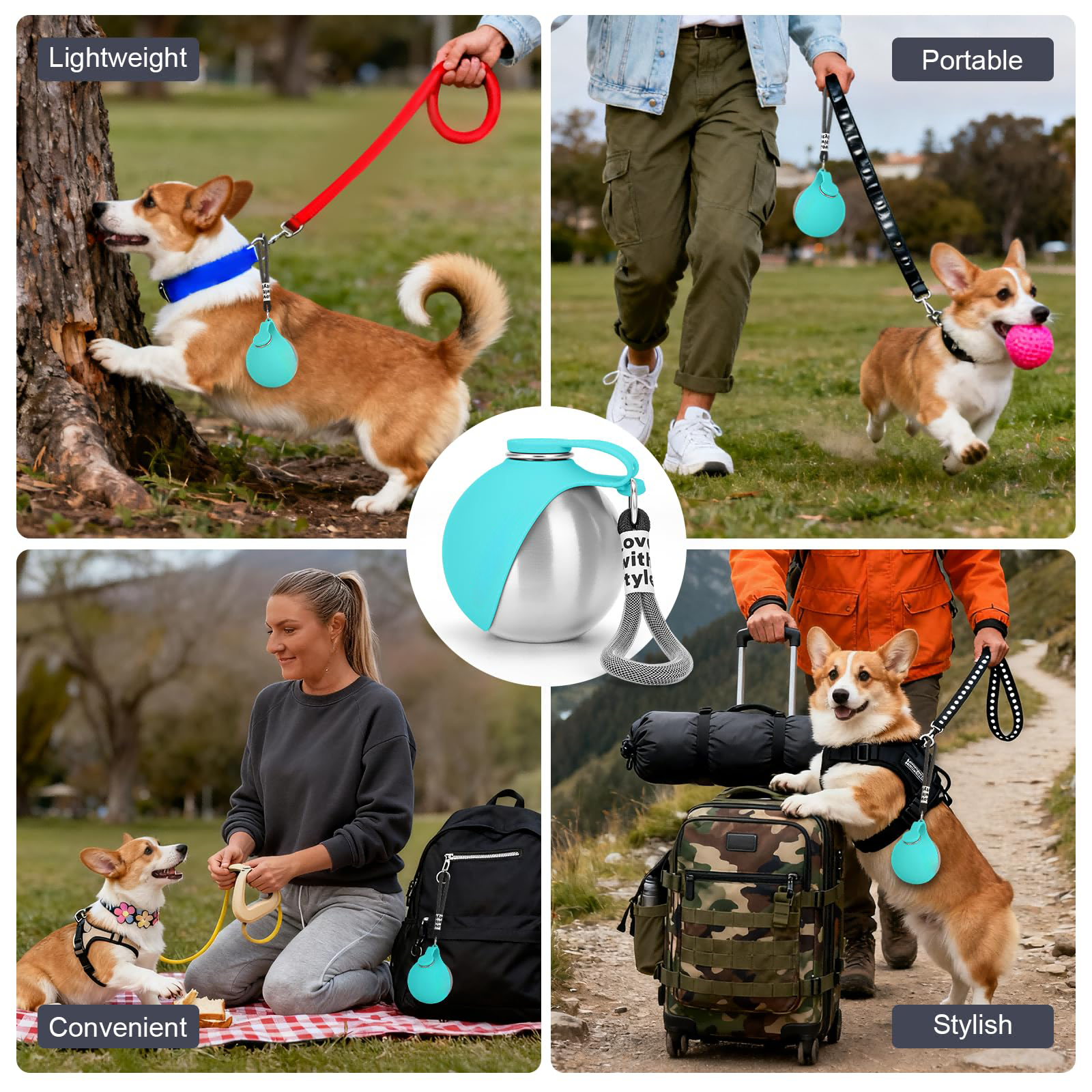 Portable Dog Water Bottle 10oz Stainless Steel Travel Dog Water Dispenser with Silicone Bowl, Leak-Proof No-Spill Puppy Water Bottle for Walking, Hiking, Camping & Travel