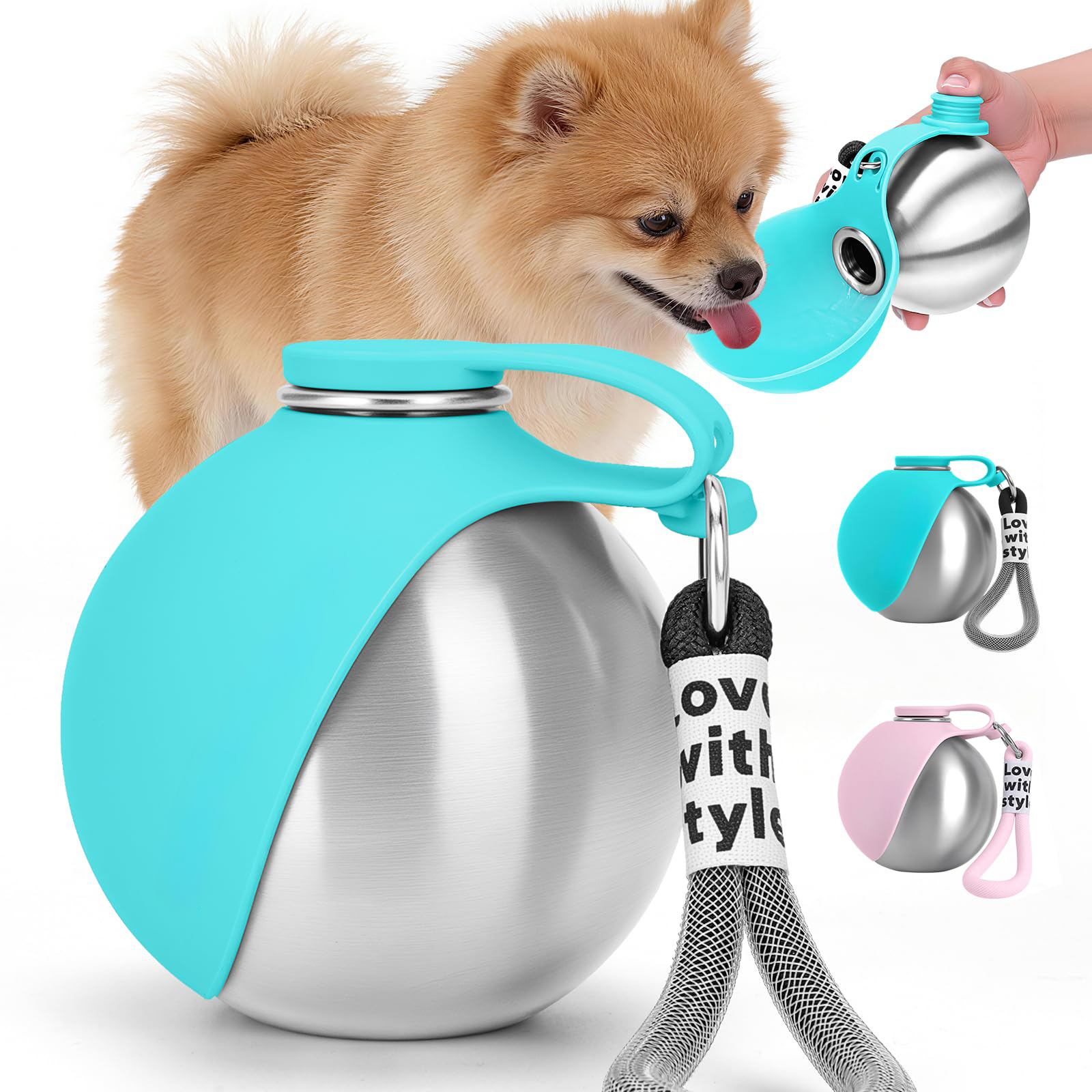 Portable Dog Water Bottle 10oz Stainless Steel Travel Dog Water Dispenser with Silicone Bowl, Leak-Proof No-Spill Puppy Water Bottle for Walking, Hiking, Camping & Travel
