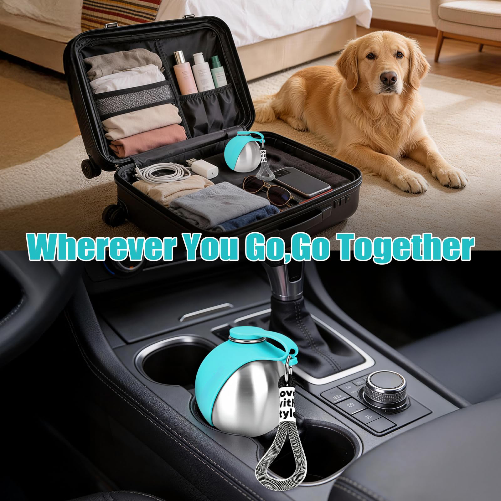 Portable Dog Water Bottle 10oz Stainless Steel Travel Dog Water Dispenser with Silicone Bowl, Leak-Proof No-Spill Puppy Water Bottle for Walking, Hiking, Camping & Travel