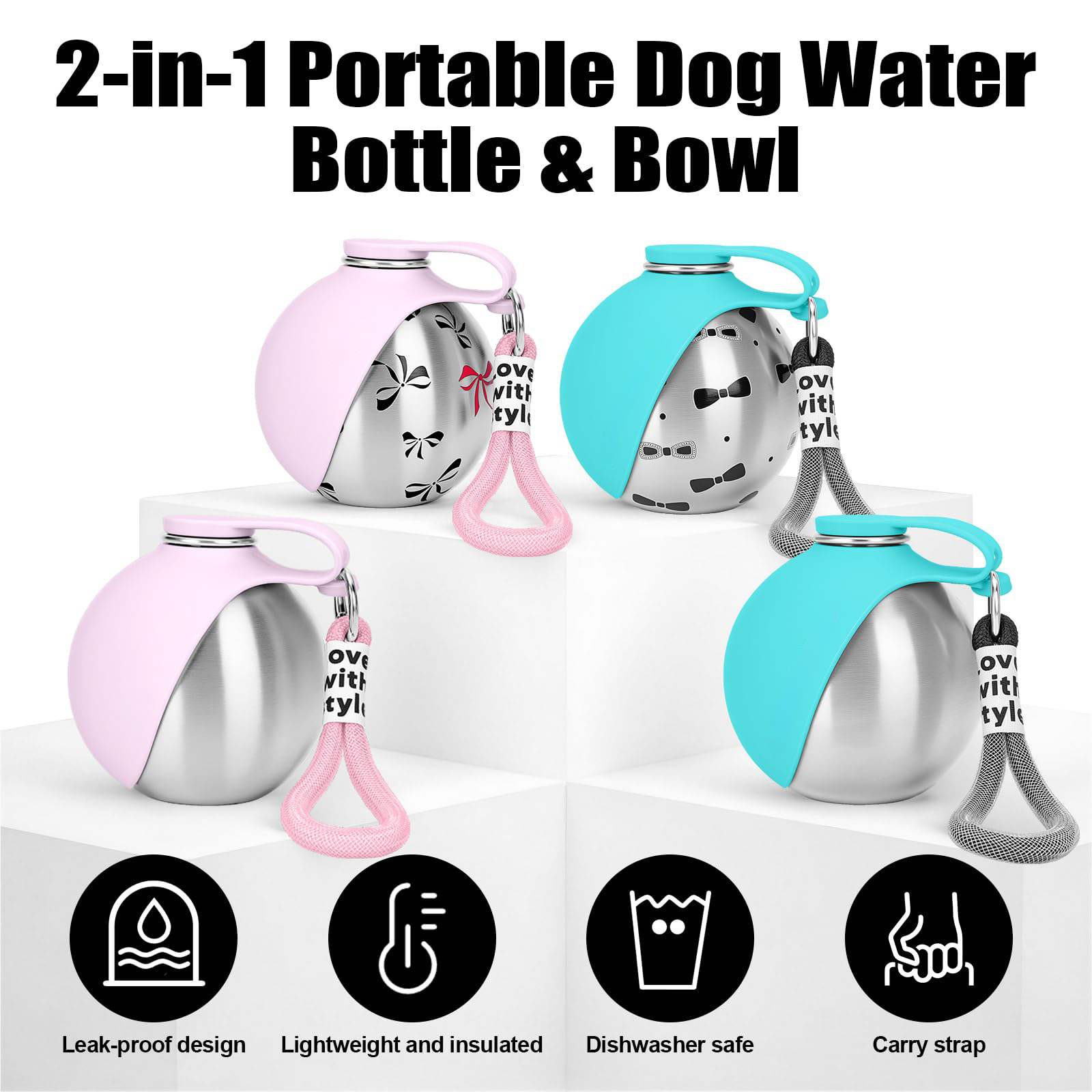 Portable Dog Water Bottle 10oz Stainless Steel Travel Dog Water Dispenser with Silicone Bowl, Leak-Proof No-Spill Puppy Water Bottle for Walking, Hiking, Camping & Travel