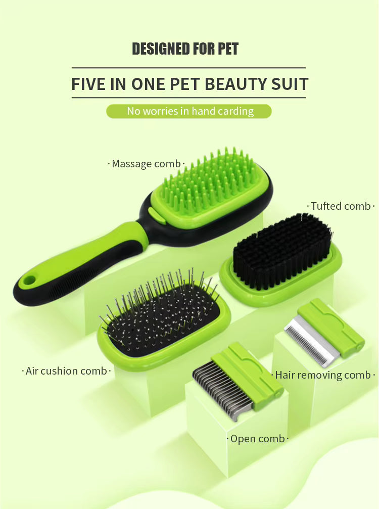 Pet Grooming Brush Kit Pet Supplies background Five-in-one pet beauty suit with various combs on a light green