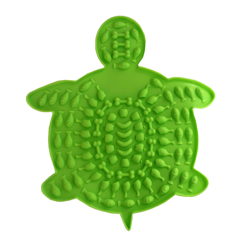 Pet Placemat Silicone Slow Food Mat A silicone pet bowl mat in a green with a textured design, resembling a placemat, used to slow down the feeding process.