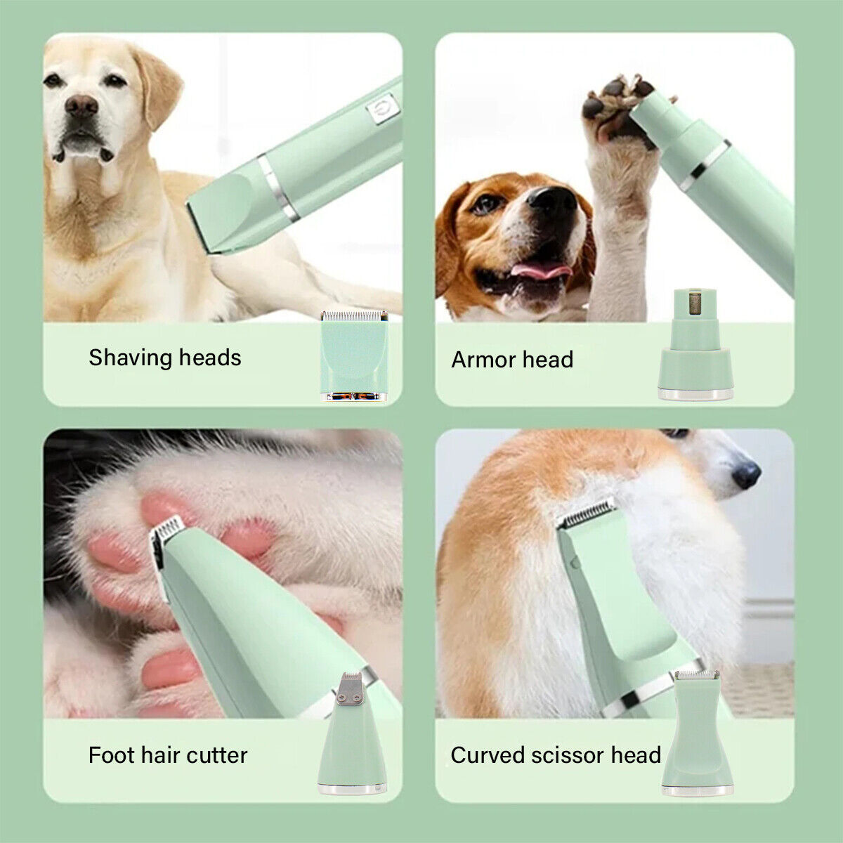 Pet Supplies 4X  Hair Grooming Cordless Trimmer Shaver Kit A green cordless trimmer shaver kit for pets, including the main trimmer unit, a charging base, a cleaning brush, and an attachment comb. 