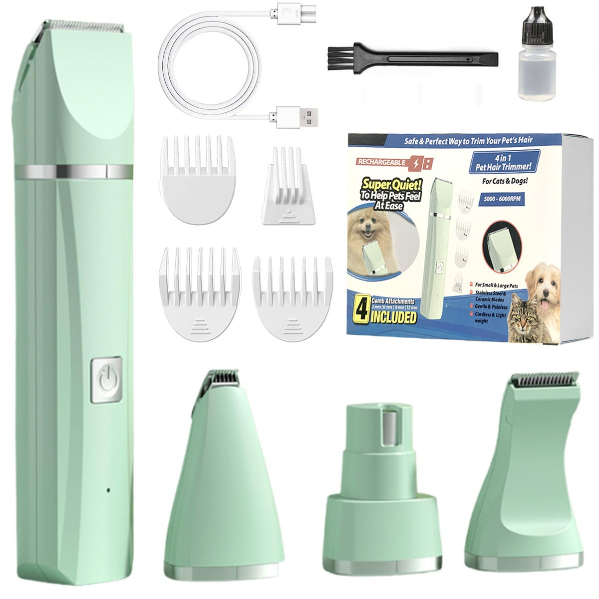 Pet Supplies 4X  Hair Grooming Cordless Trimmer Shaver Kit A green cordless trimmer shaver kit for pets, including the main trimmer unit, a charging base, a cleaning brush, and an attachment comb. Also shown is the product packaging box with a depiction of a dog and the text '4-in-1 Grooming Kit