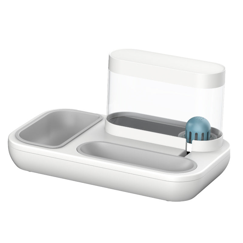 Pet Supplies Automatic Pet Cat Feeder An automatic pet cat feeder with a white base and blue water compartment, featuring two bowls for food and water, with white background
