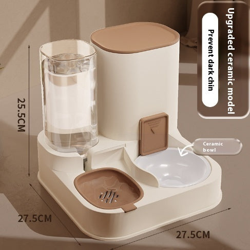 Pet Supplies Automatic Pet Feeder & Water Dispenser An automatic pet feeder with a stainless steel bowl and a clear water reservoir, in a color close to beige, with a cat eating from it and measurement image