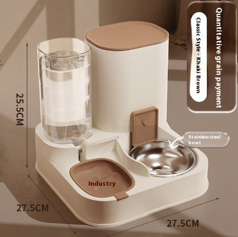 Pet Supplies Automatic Pet Feeder & Water Dispenser An automatic pet feeder with a stainless steel bowl and a clear water reservoir, in a color close to beige, with a cat eating from it and measurement image view