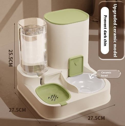 Pet Supplies Automatic Pet Feeder & Water Dispenser An automatic pet feeder with a stainless steel bowl and a clear water reservoir, in a color close to beige, with a cat eating from it with measurement view of light green