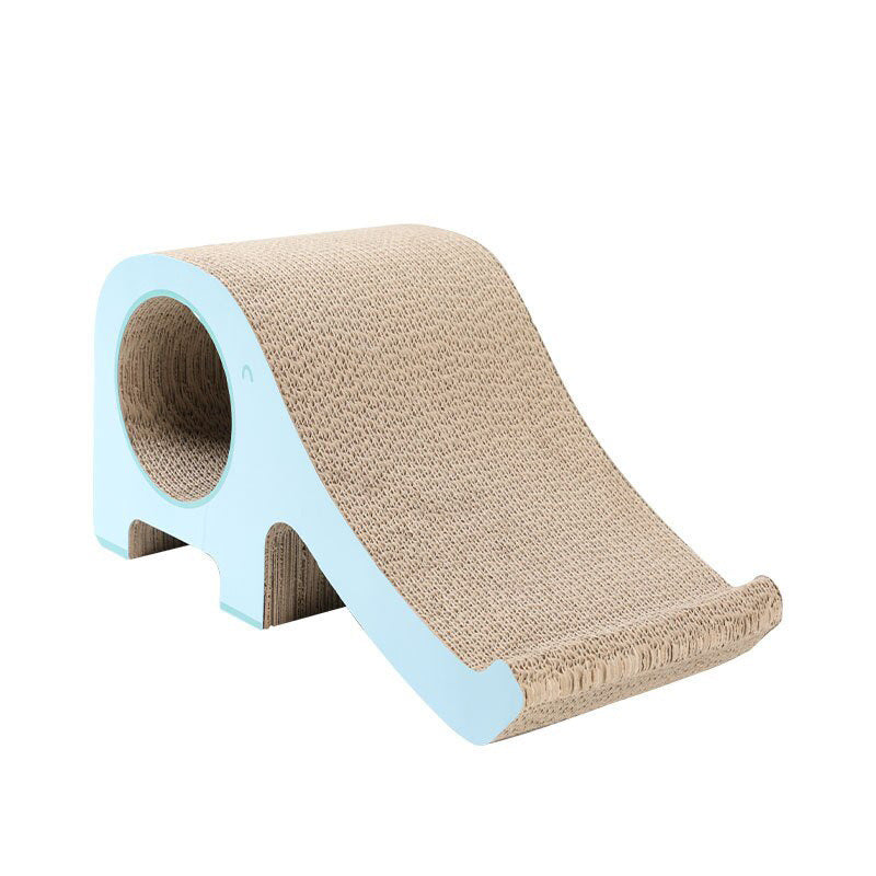 Pet Supplies Cat Climbing Frame Scratch Board A beige and blue cat climbing frame scratch board with a ramp and a small hole on one side.