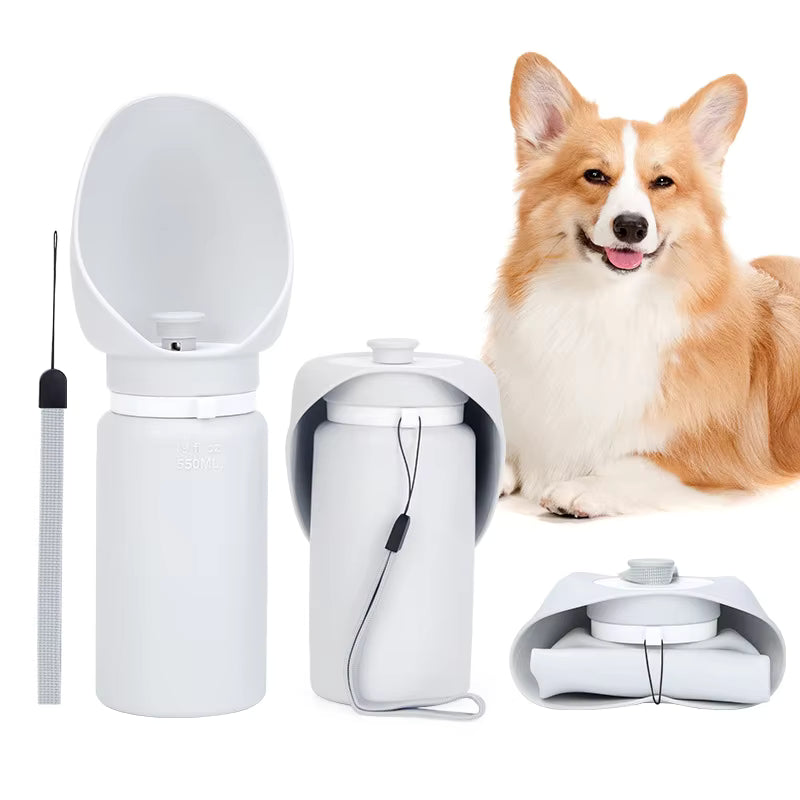 Pet Supplies Collapsible Portable Pet Water Bottle Portable pet waste bag dispenser with a dog sitting next to it on a white background