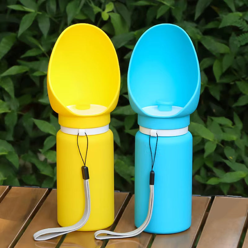 Pet Supplies Collapsible Portable Pet Water Bottle Yellow and blue portable pet water bowls with straps on a wooden surface.