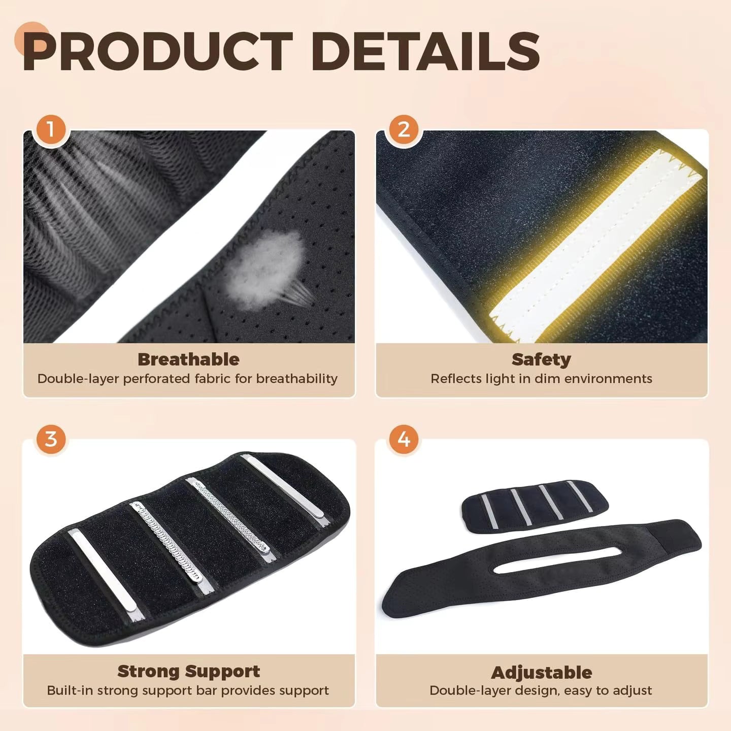 Pet Supplies Dog Neck Brace & Back Support Collar Product details of a black support pad with features highlighted on a beige background.
