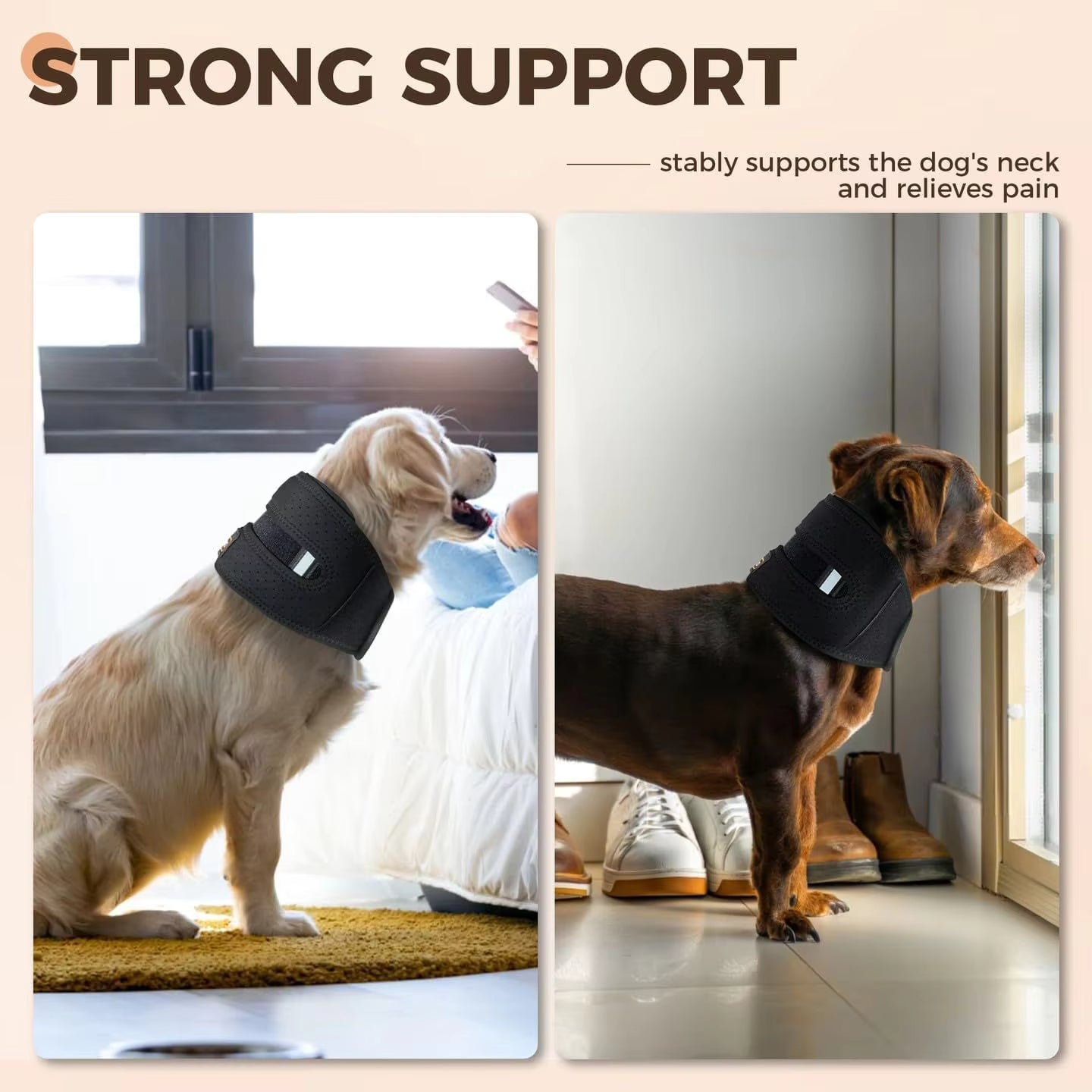 Pet Supplies Dog Neck Brace & Back Support Collar Two dogs wearing black collars, with text about strong support for dogs' necks.
